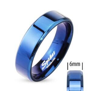 Beveled Edge Flat Band Blue IP Over Stainless Steel Ring 6mm width 13